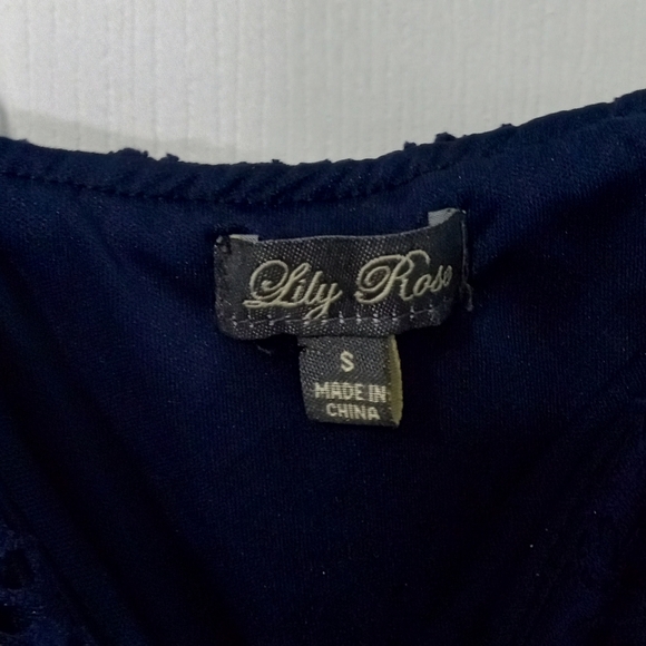 Lily Rose size Small, belted maxi dress. Navy blue top with Chevron bottom. - Picture 3 of 4